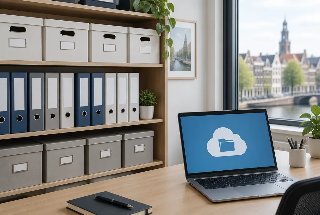 Archiefdozen en ordners met administratie op een kast, naast een laptop