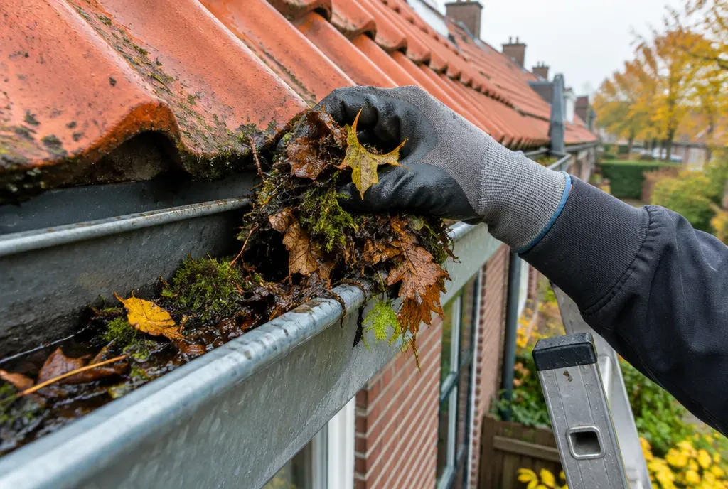 Hand met werkhandschoen haalt natte bladeren uit een zinken dakgoot