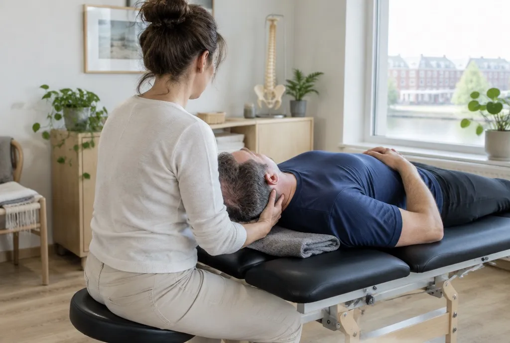 Osteopaat behandelt de nek van een man die op zijn rug op de behandeltafel ligt
