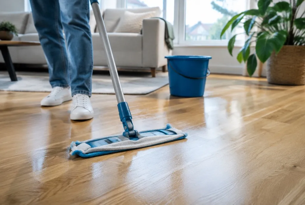 Eiken parketvloer wordt vochtig gedweild met een vlakke microvezelmop