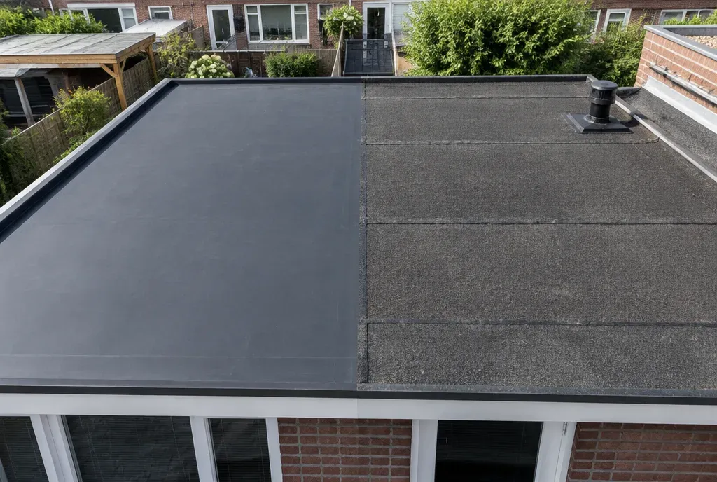 Plat dak van een uitbouw, deels met zwart EPDM en deels met bitumen