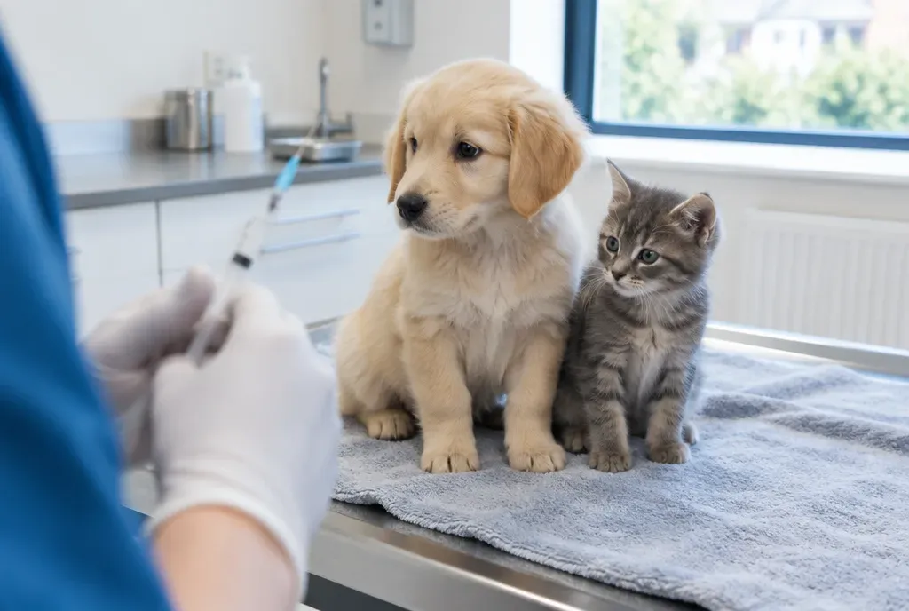 Een puppy en een kitten zitten samen op de behandeltafel bij de dierenarts.