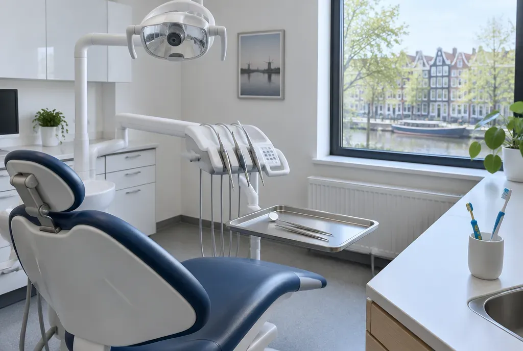 Lege behandelkamer van een tandartspraktijk met stoel en lamp