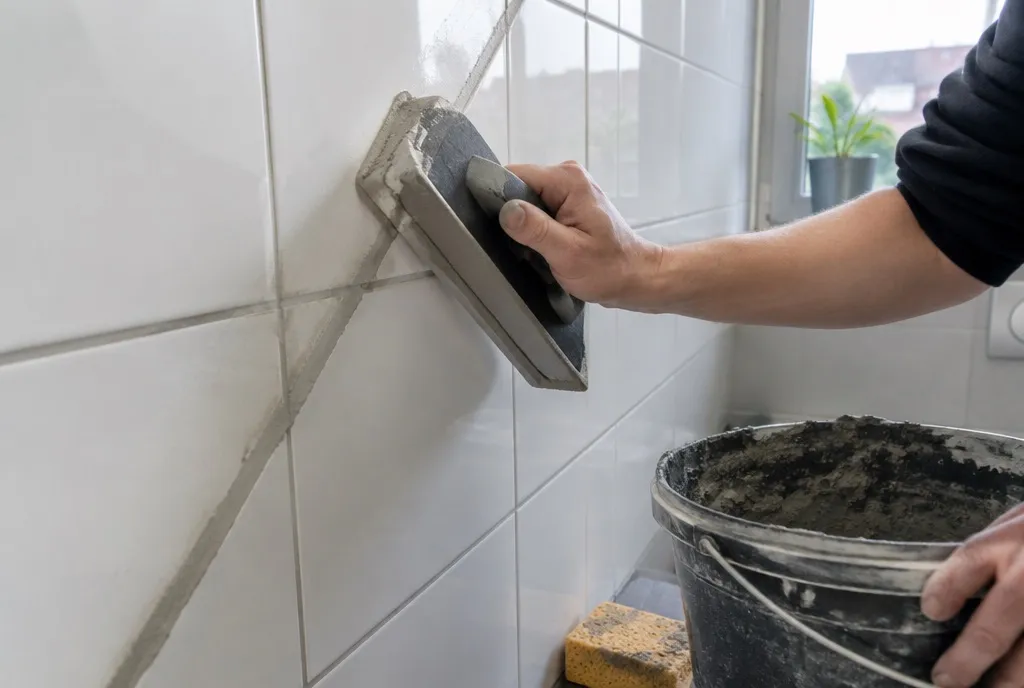 Tegelzetter werkt voegmiddel met een rubber voegbord schuin in de voegen van witte wandtegels