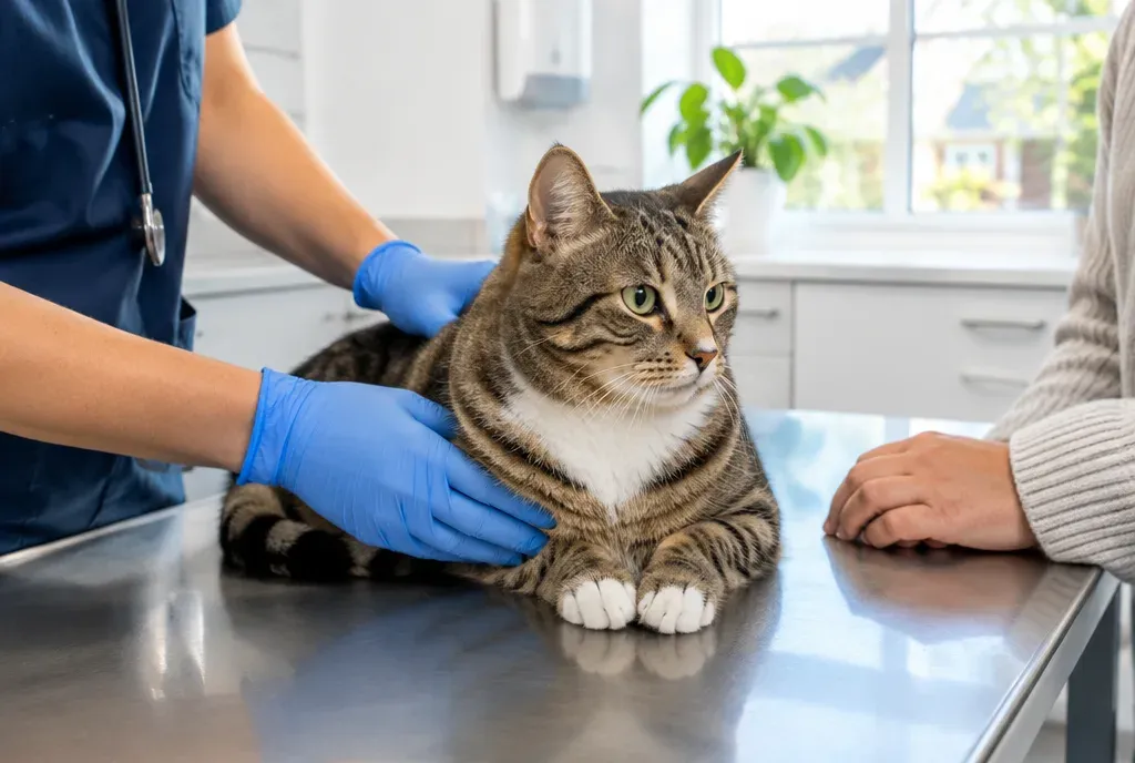 Een kat wordt rustig onderzocht op de behandeltafel bij de dierenarts.
