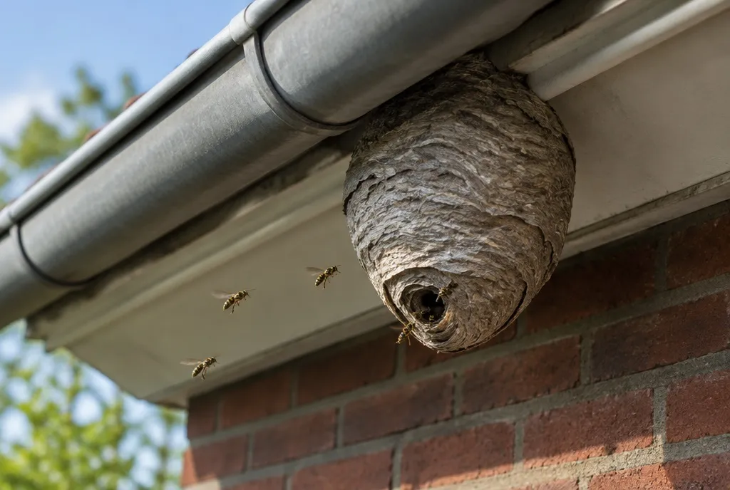 Grijsbruin wespennest onder de dakgoot van een bakstenen huis, met wespen bij de opening